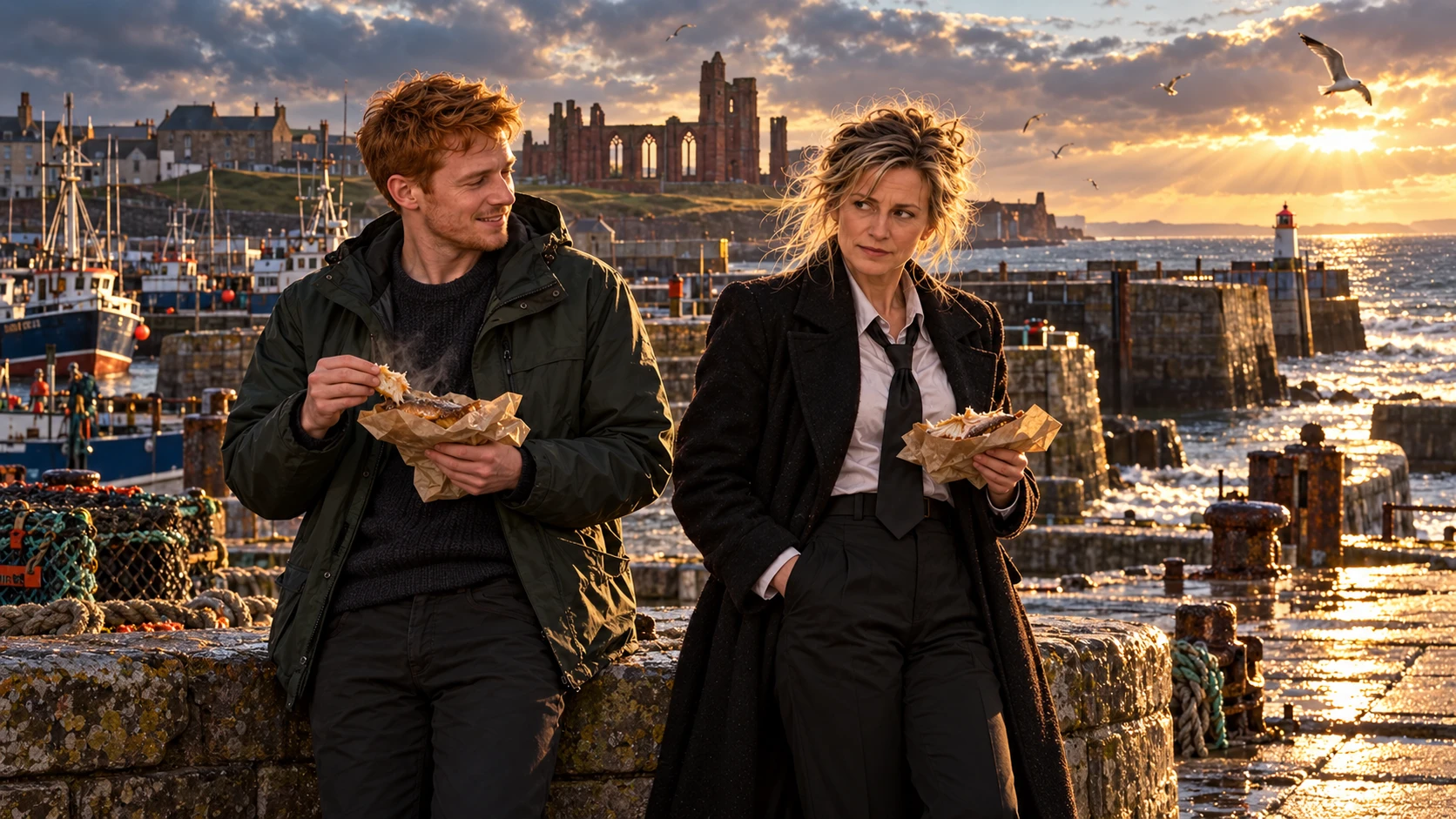Harriet and ginger-haired DC Jamie Sutherland eat Arbroath smokies beside the harbour, with fishing boats and the North Sea behind them.