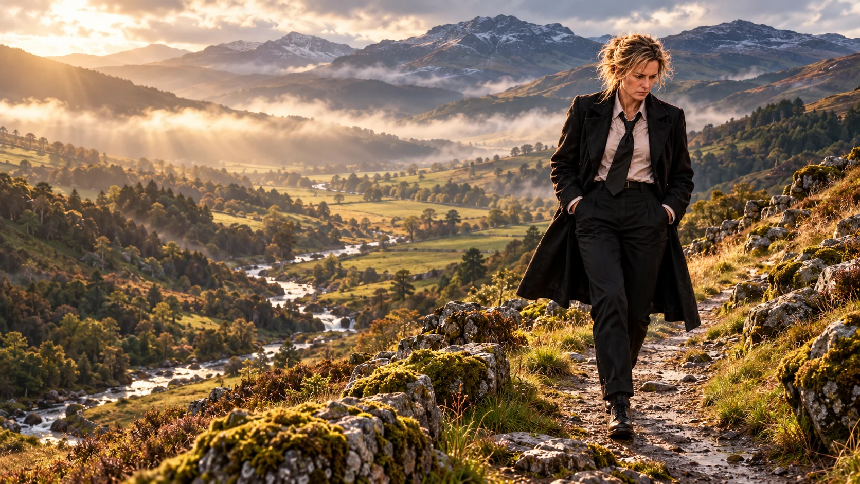 Harriet walks a winding track above a green Angus glen, with mist and sunlight over the southern Cairngorm mountains.
