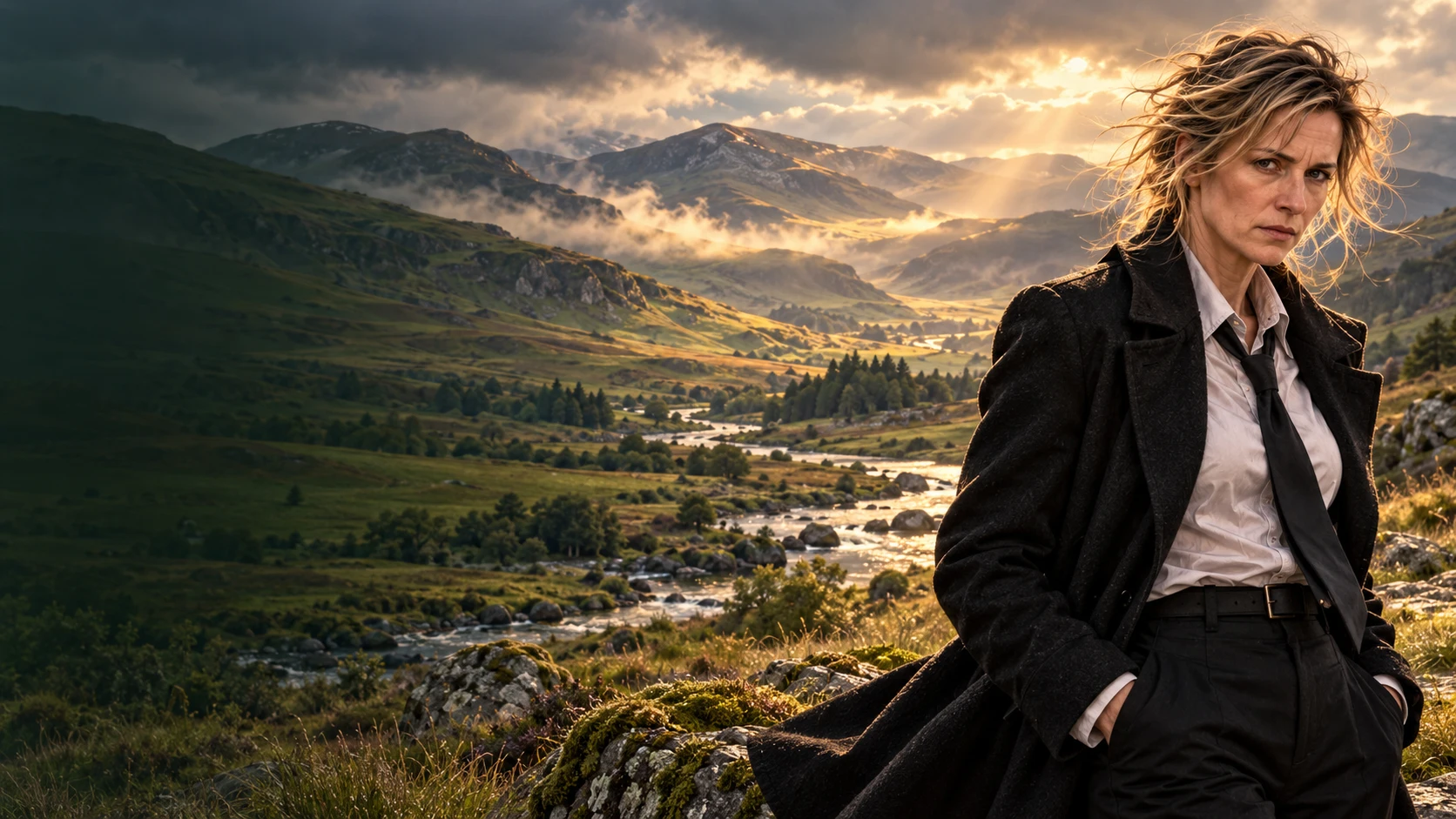 Harriet Keel stands against green Angus glens and the broad mountain ridges of the southern Cairngorms.
