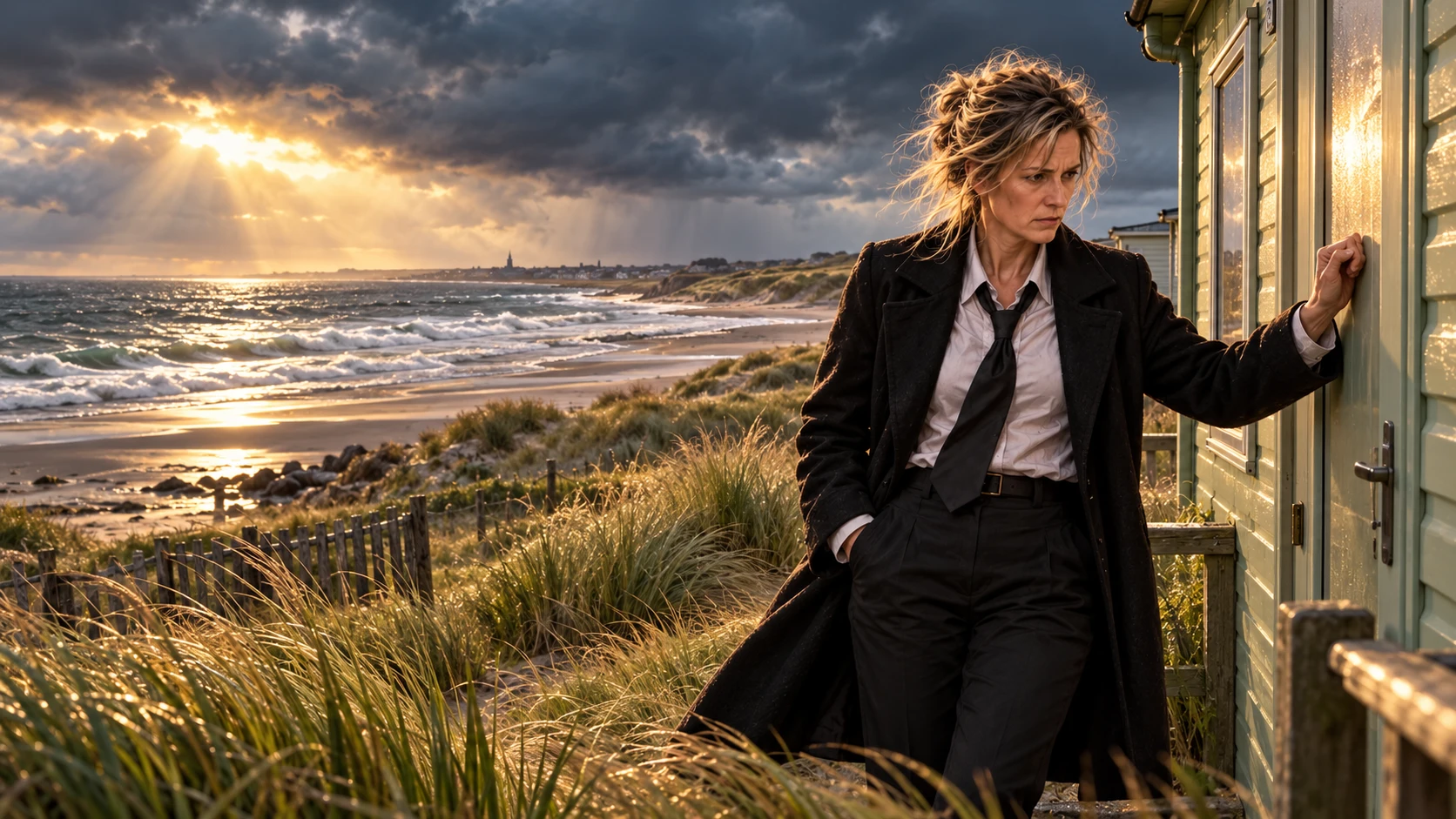 Harriet approaches a holiday caravan among Montrose dunes, with windswept grass and the grey-green North Sea behind her.