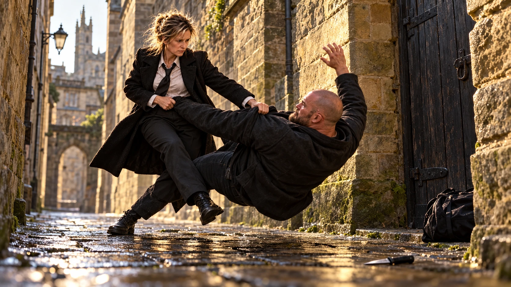 Harriet uses a controlled judo throw to disarm Marek Varga in a narrow St Andrews close, beside a black sports bag.
