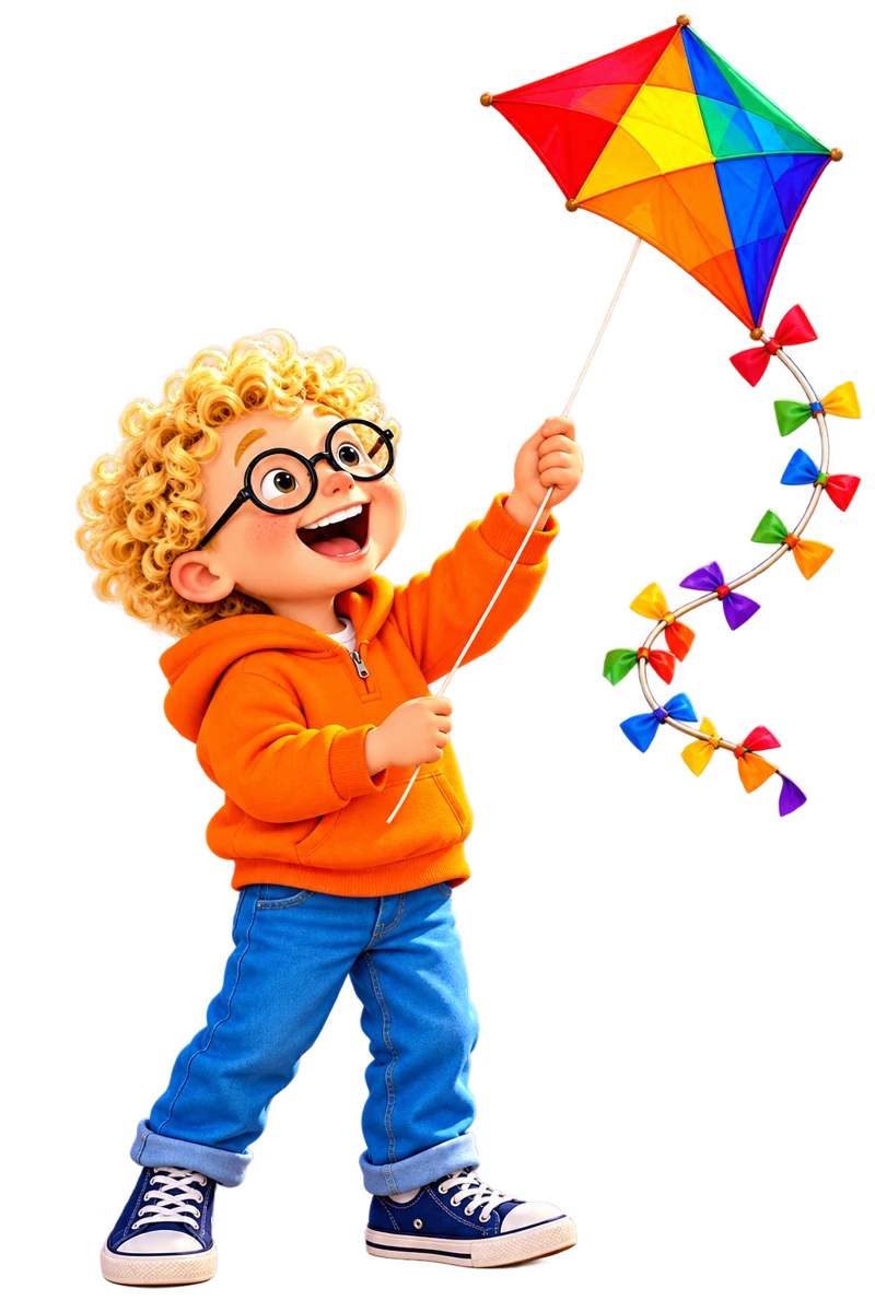 Archie smiles beside his rainbow kite, wearing black glasses, an orange hoodie and blue jeans.