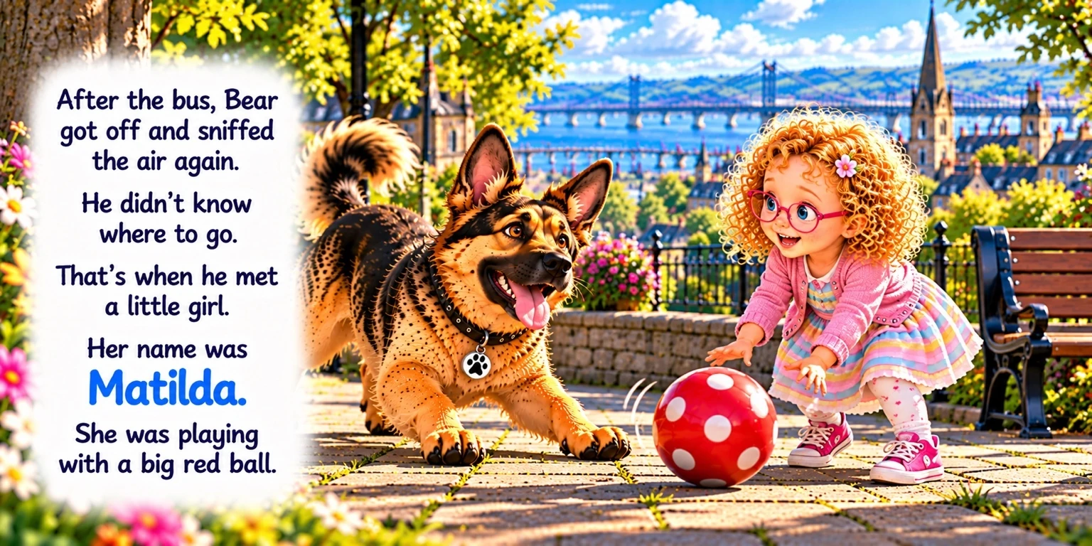 Bear meets curly-haired Matilda, wearing pink glasses and a striped dress, beside her red ball with white spots. The picture’s introduction is summarised in the caption.