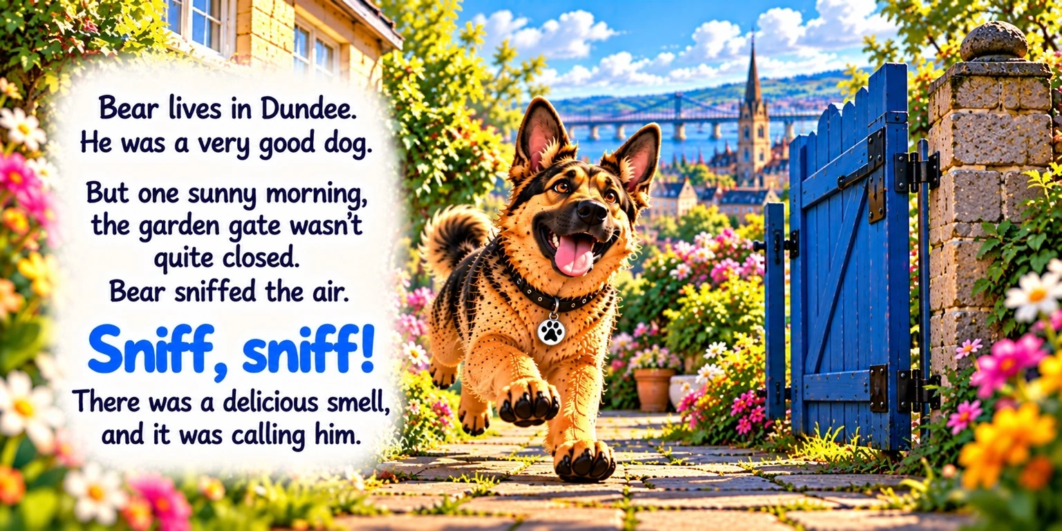 Bear trots through a blue garden gate among colourful flowers, with Dundee and the Tay beyond. The page’s words are reproduced below.