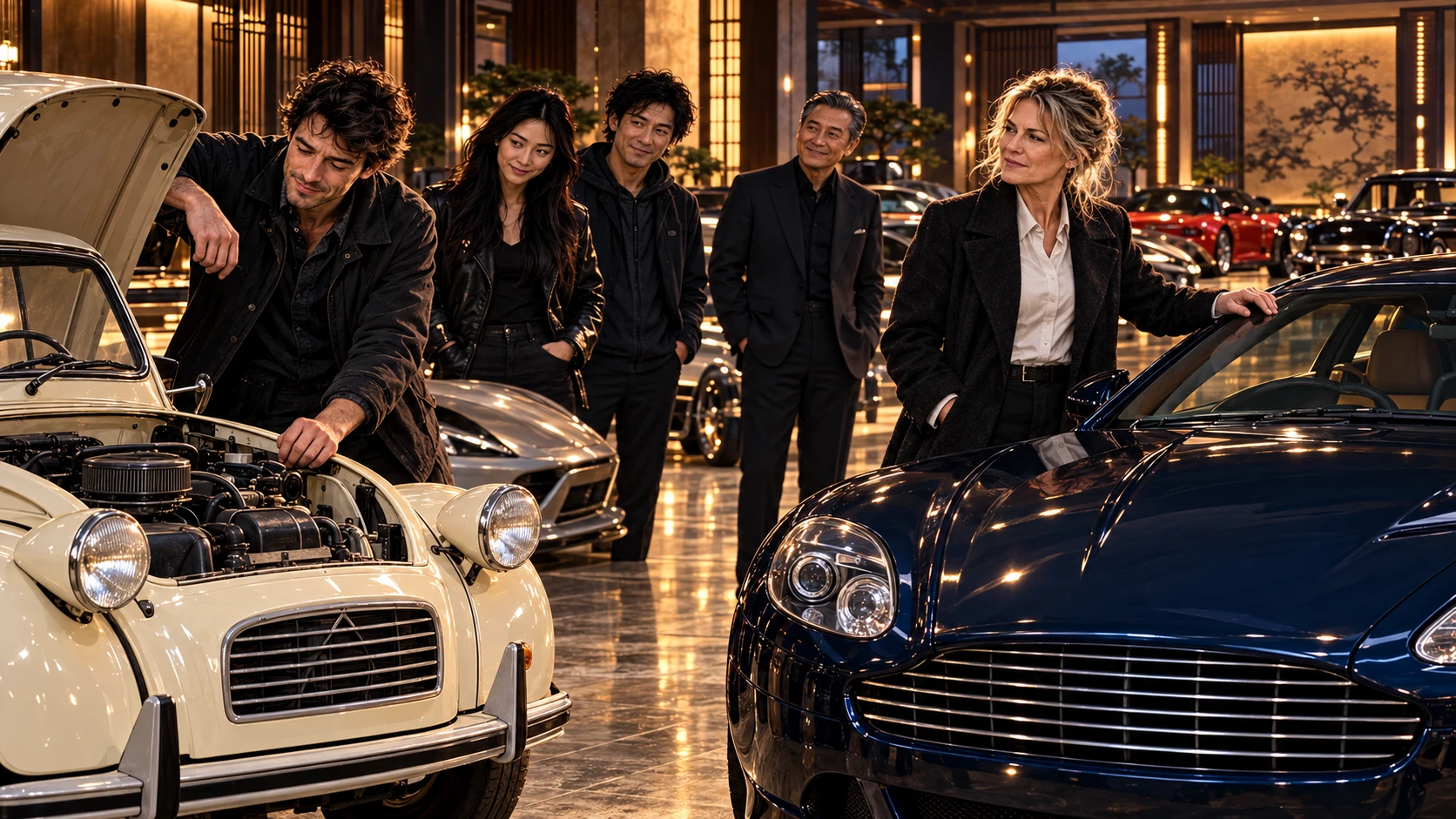Hamish admires a cream Citroën 2CV while Harriet chooses a dark-blue Aston Martin in Jianwen’s luxurious garage, watched by Mei and Jun.