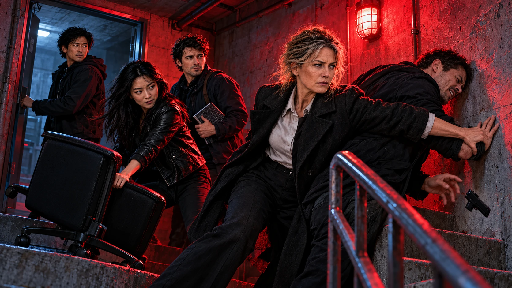 Under red emergency lighting, Harriet restrains an attacker on a basement stairwell while Mei, Hamish and Jun react.