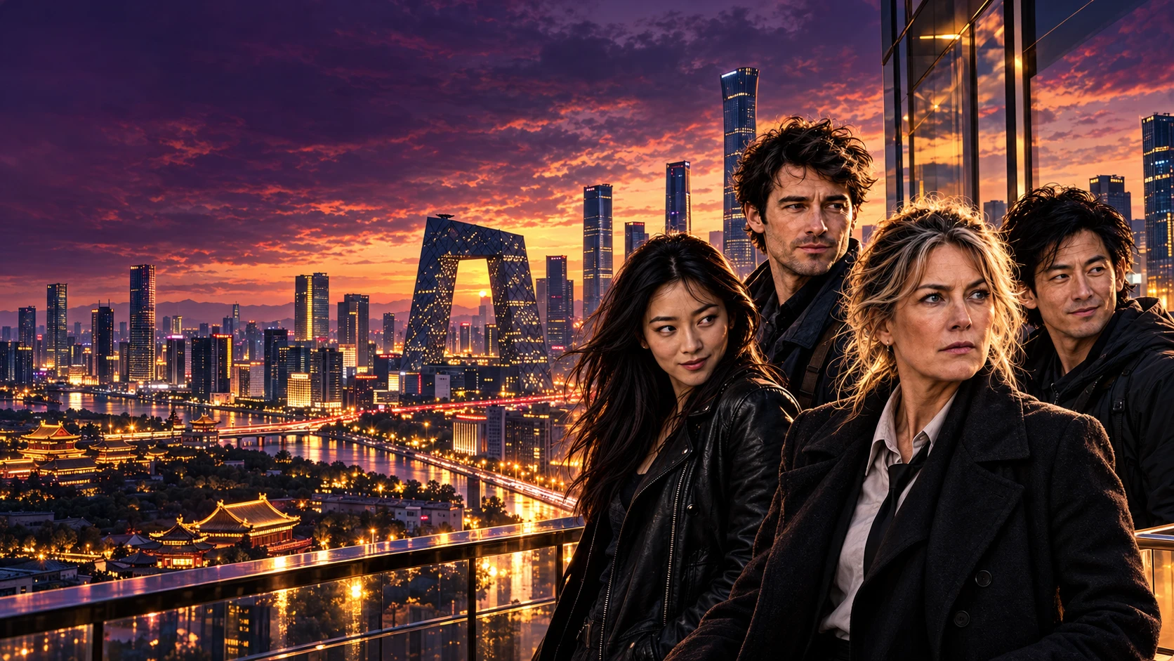 Harriet, Hamish, Mei and Jun overlooking Beijing at sunset.