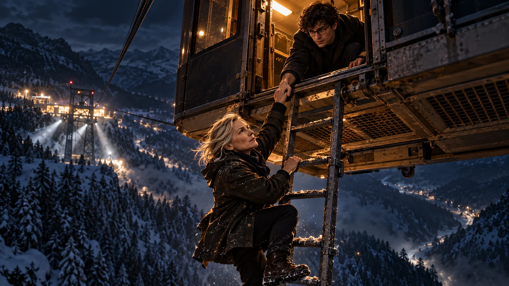 Harriet clings to a ladder beneath a maintenance gondola above a snowy Alpine valley while Hamish reaches down to help her.