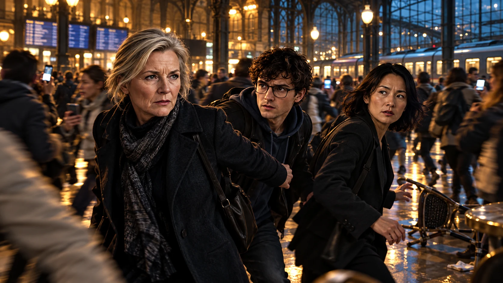 Harriet keeps Hamish close as a crowd rushes across a railway-station concourse; Mei looks back anxiously while travellers hold illuminated phones.