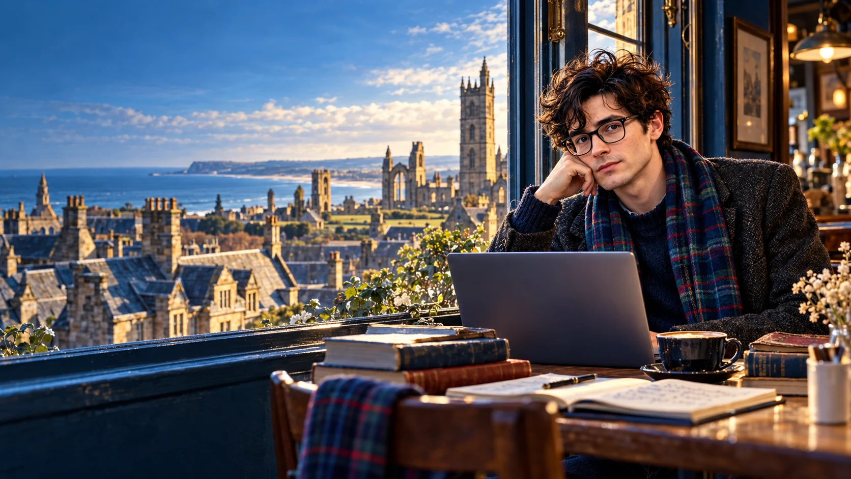 Hamish, wearing black-framed glasses, sits by a café window with St Andrews and the coast behind him.