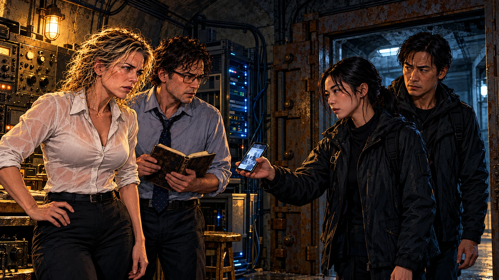 Harriet and Hamish face Mei and Jun in an old radio bunker beneath Dundee Law, surrounded by vintage equipment and modern cabling.