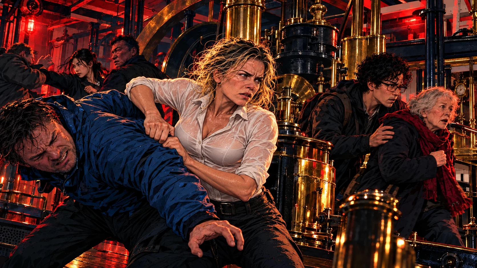 Harriet restrains an attacker amid Discovery’s historic machinery while Hamish helps an elderly visitor get clear and Mei and Jun intervene.