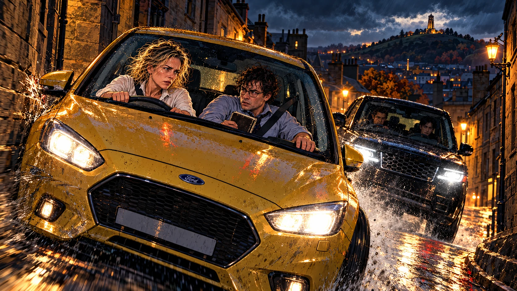 Harriet drives a mustard-yellow Focus up a narrow Dundee lane with Hamish beside her as a black Range Rover pursues them.
