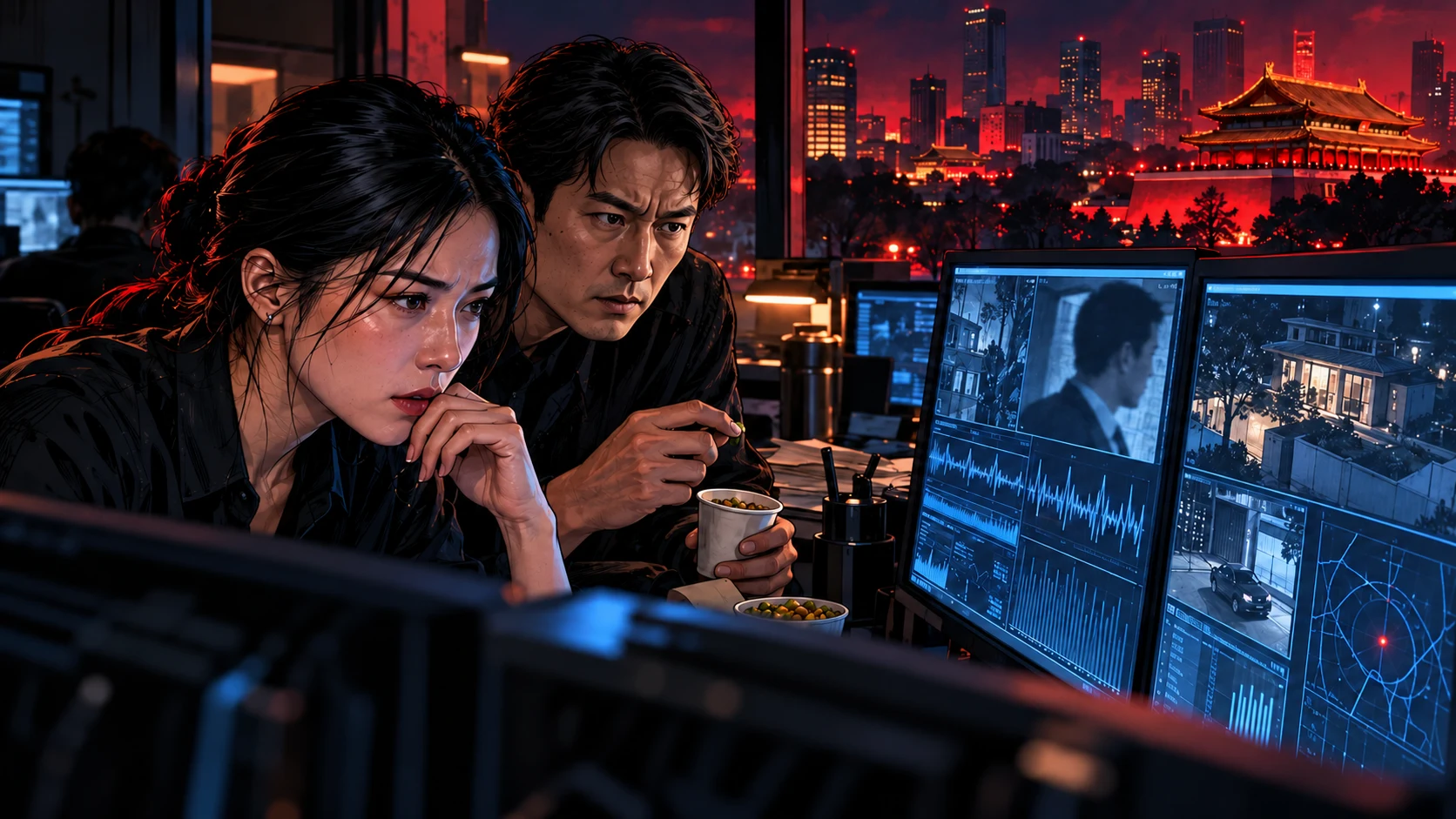 Mei Lin and Jun Wei study household surveillance data in a Beijing office lit by blue screens and red city lights.